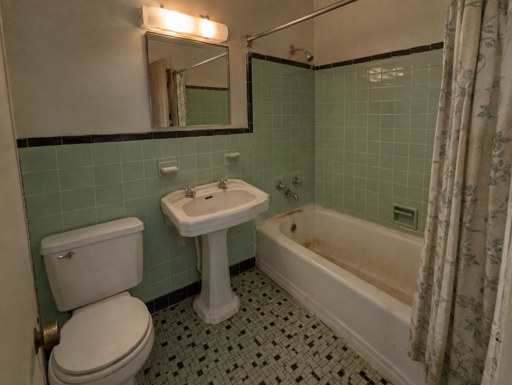 A dated 1960s bathroom with mint green wall tile, a pedestal sink, and a worn tub